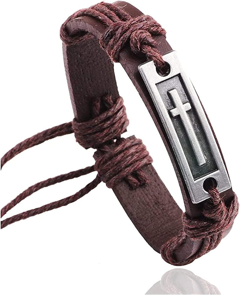 Fusamk Fashion Cross Tag Bangle Adjustable Leather Cuff Wristband Drawstring Rope Bracelet - Image 1